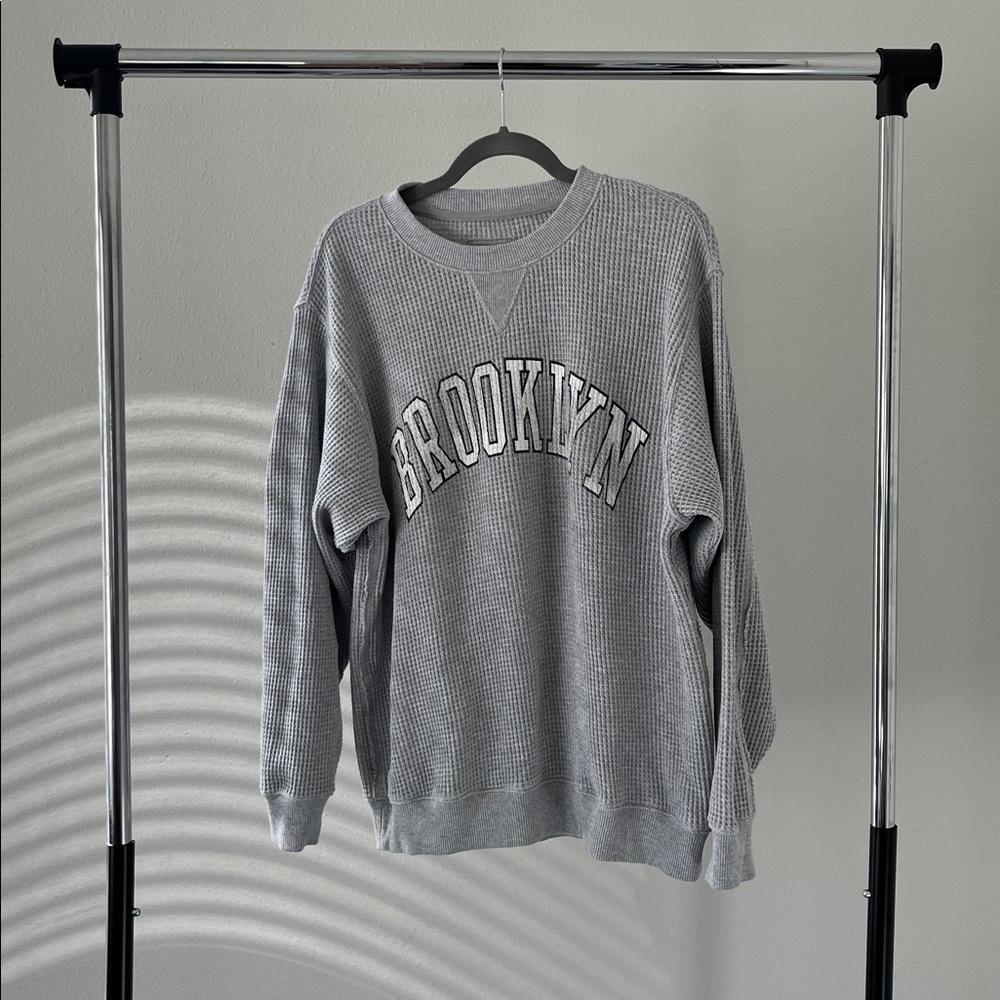 Aerie Brooklyn Grey Waffle Crew Neck Oversized Sweater Size S